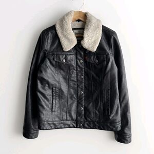 Levi's Classic Womens Large Black Faux Leather Trucker Jacket with Sherpa Lining